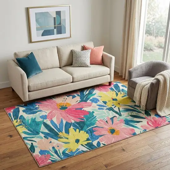 Blush Yellow And Blue Floral Washable Area Rug With UV Protection Photo 1