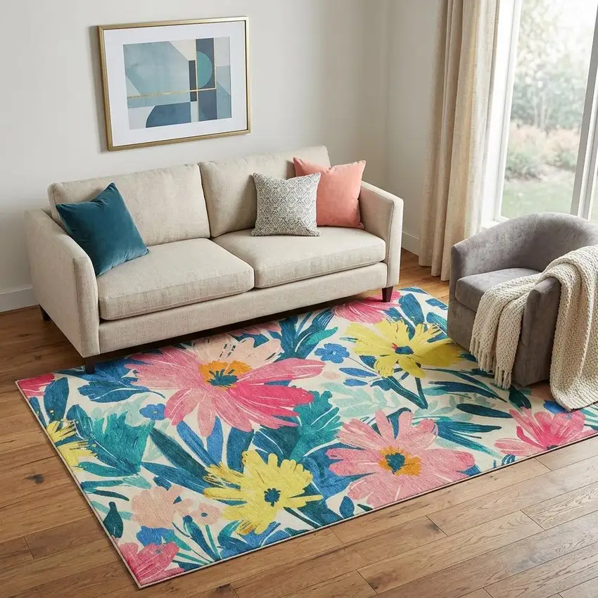Blush Yellow And Blue Floral Washable Area Rug With UV Protection Photo 1