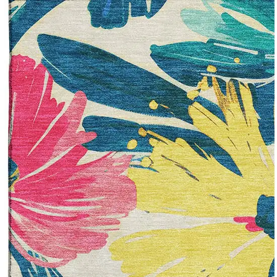 Blush Yellow And Blue Floral Washable Area Rug With UV Protection Photo 3