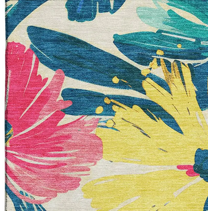 Blush Yellow And Blue Floral Washable Area Rug With UV Protection Photo 3