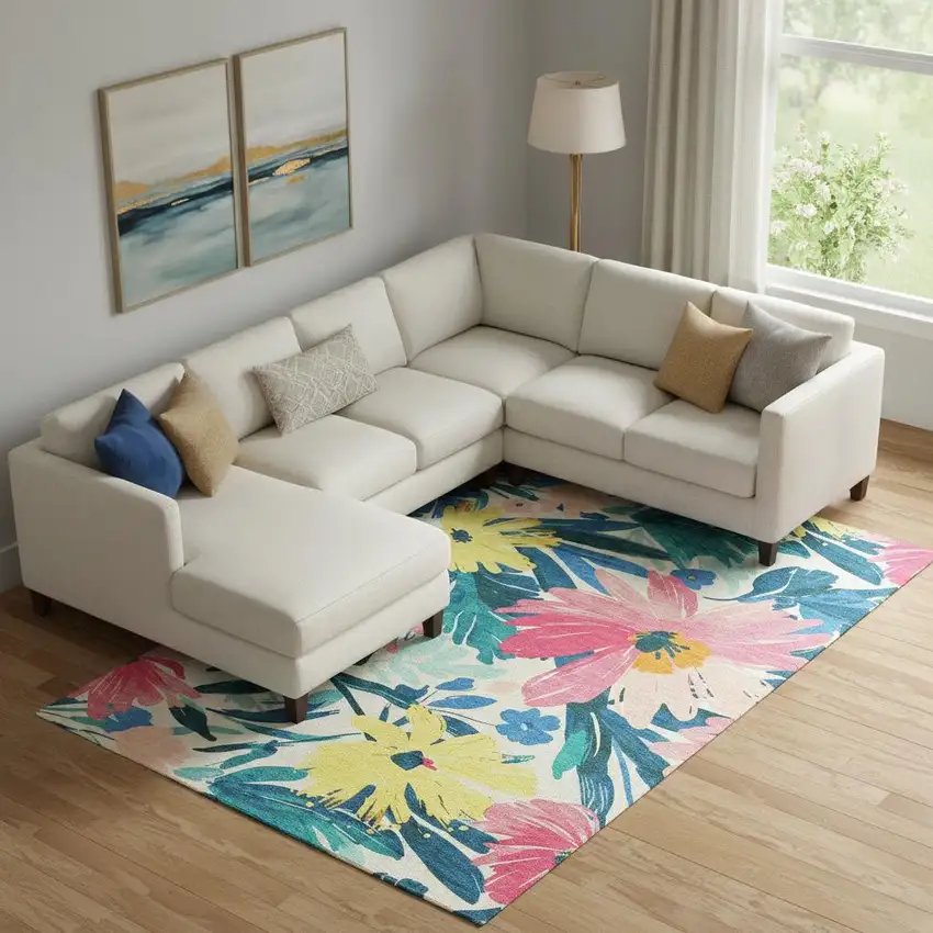 Blush Yellow And Blue Floral Washable Area Rug With UV Protection Photo 2