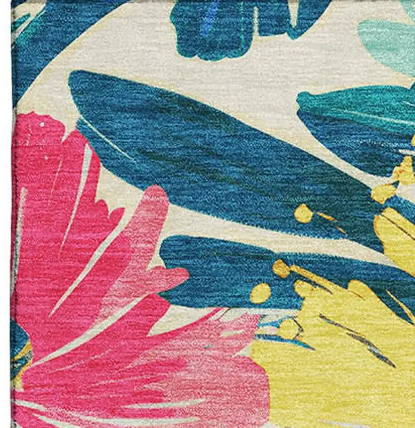 Blush Yellow And Blue Floral Washable Area Rug With UV Protection Photo 2