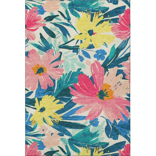 Blush Yellow And Blue Floral Washable Area Rug With UV Protection Photo 2