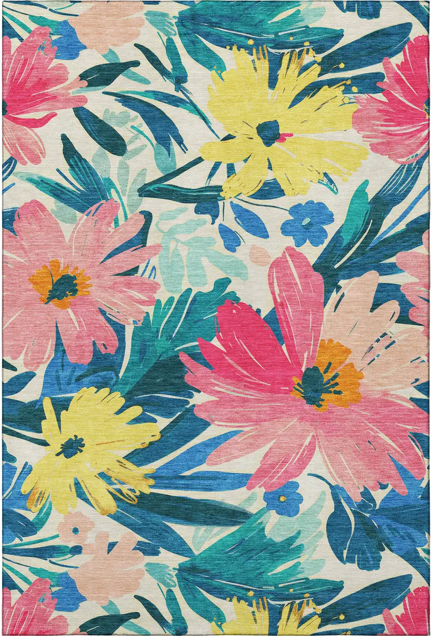 Blush Yellow And Blue Floral Washable Area Rug With UV Protection Photo 2