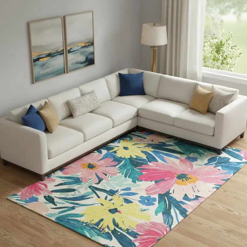 Blush Yellow And Blue Floral Washable Area Rug With UV Protection Photo 2