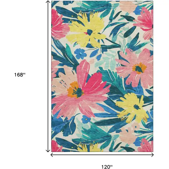 Blush Yellow And Blue Floral Washable Area Rug With UV Protection Photo 9