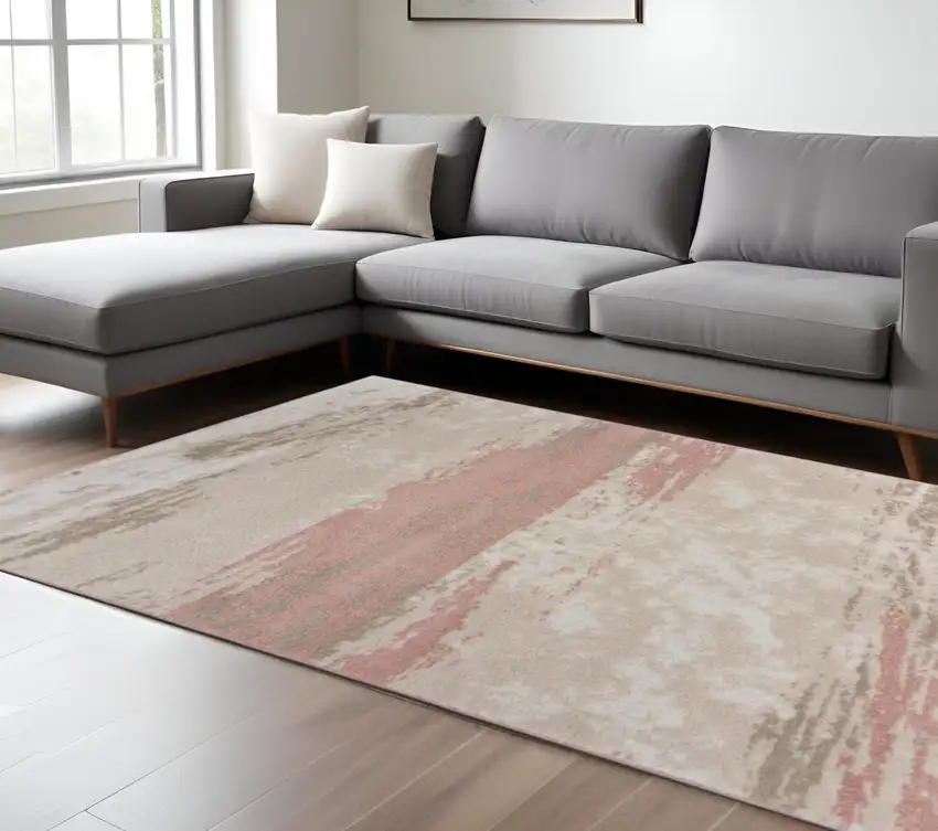 Ivory Beige and Blush Abstract Area Rug Photo 1