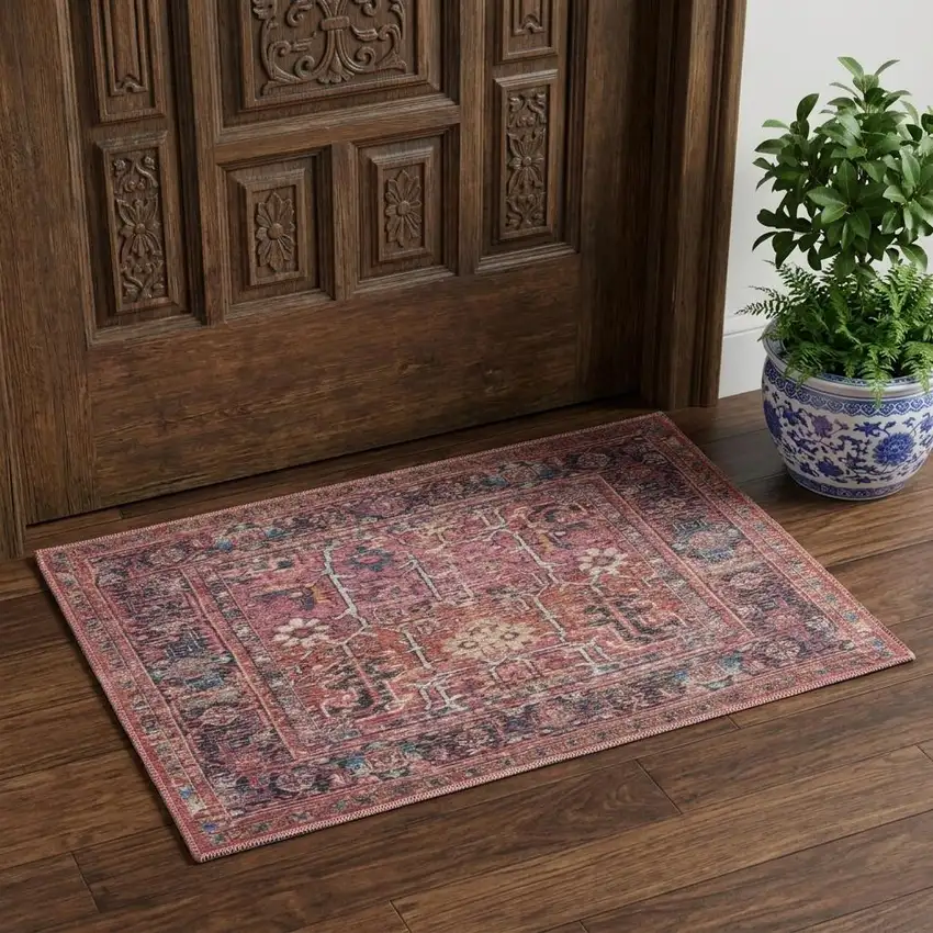 Brick Oriental Power Loom Distressed Washable Area Rug Photo 1