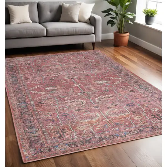 Pink And Blue Oriental Distressed Washable Area Rug Photo 1
