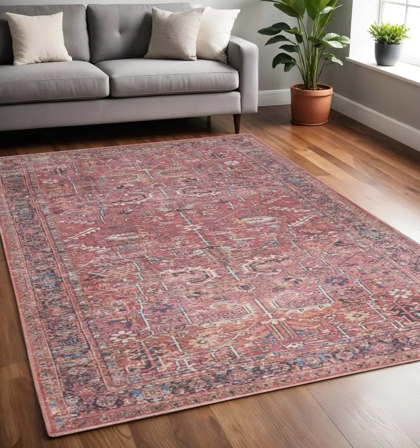 Pink And Blue Oriental Distressed Washable Area Rug Photo 1