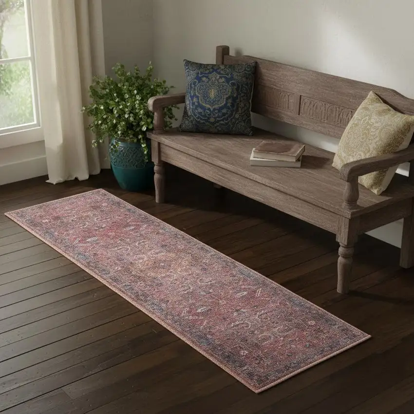 2' X 6' Brick Oriental Power Loom Distressed Washable Runner Rug Photo 1