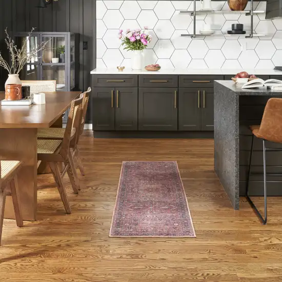 2' X 6' Brick Oriental Power Loom Distressed Washable Runner Rug Photo 5