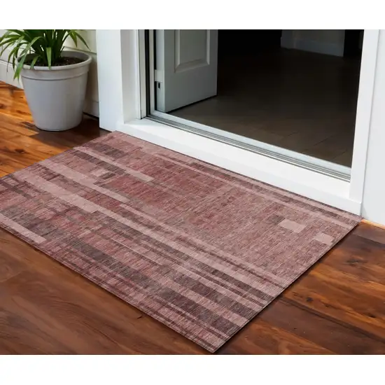 Brick Red And Brown Striped Washable Indoor Outdoor Area Rug Photo 1