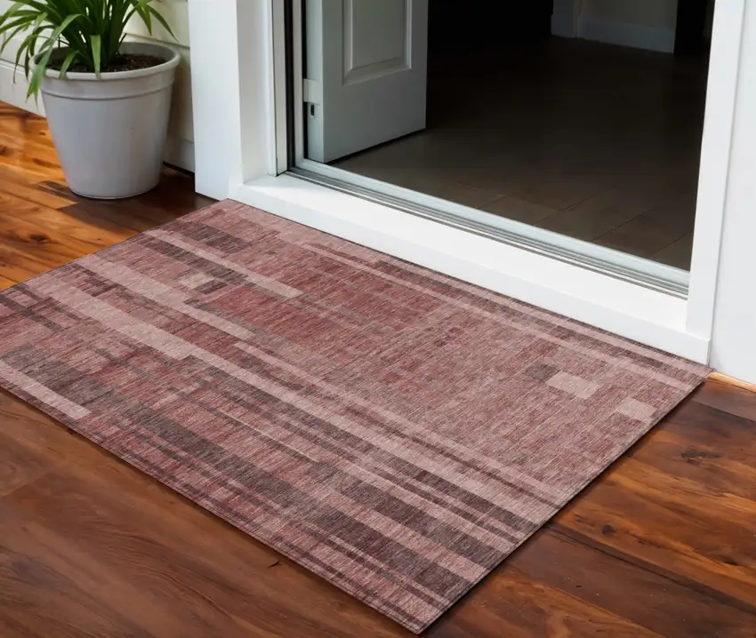 Brick Red And Brown Striped Washable Indoor Outdoor Area Rug Photo 1