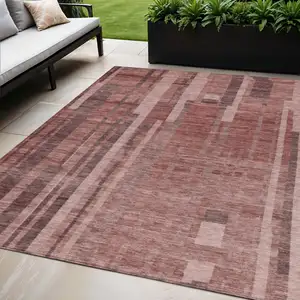 Photo of Brick Red And Brown Striped Washable Indoor Outdoor Area Rug