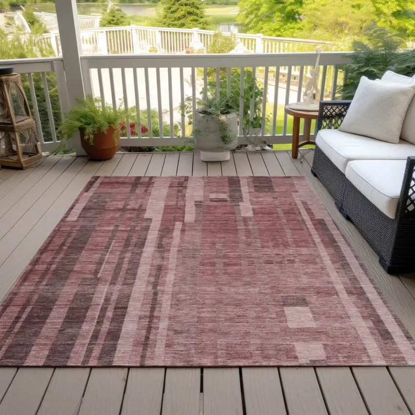 Brick Red And Brown Striped Washable Indoor Outdoor Area Rug Photo 6