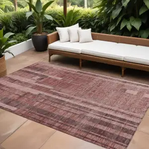 Photo of Brick Red And Brown Striped Washable Indoor Outdoor Area Rug