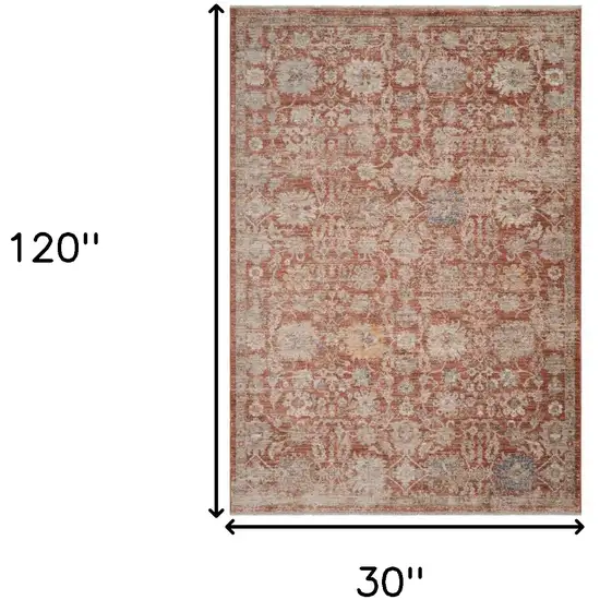 Brick Red And Gray Floral Medallion Runner Rug With Fringe Photo 3