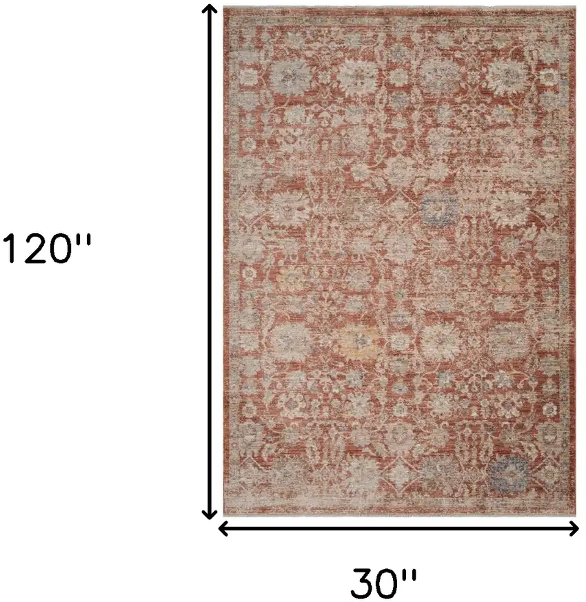 Brick Red And Gray Floral Medallion Runner Rug With Fringe Photo 3
