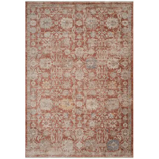 Brick Red And Gray Floral Medallion Runner Rug With Fringe Photo 2