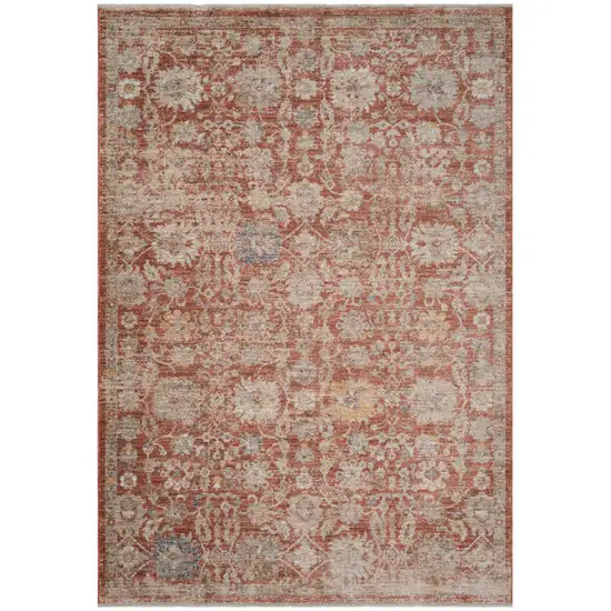 Brick Red And Gray Floral Medallion Runner Rug With Fringe Photo 5