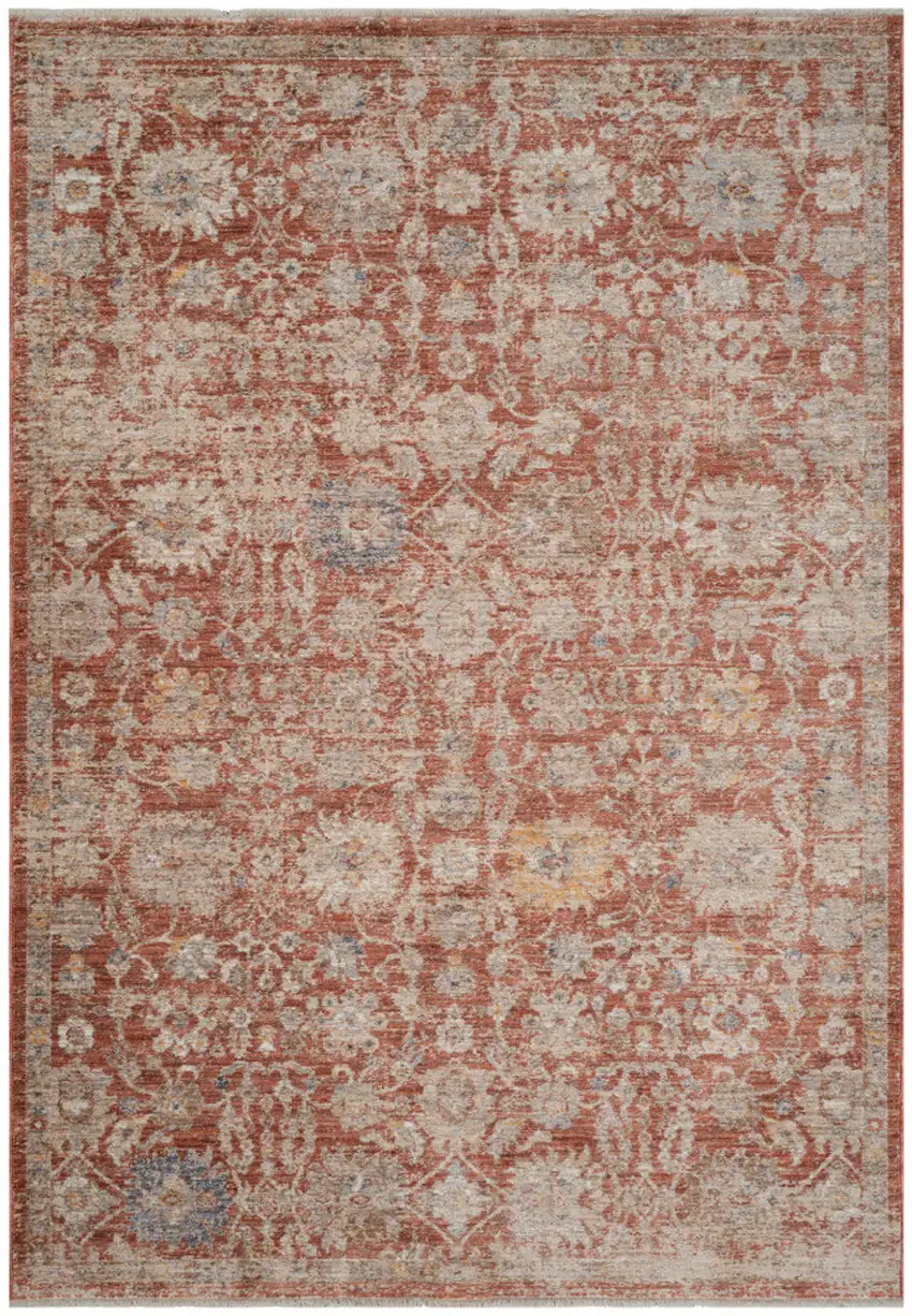 Brick Red And Gray Floral Medallion Runner Rug With Fringe Photo 5
