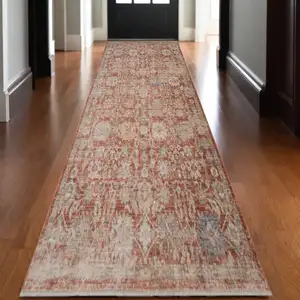 Photo of Brick Red And Gray Floral Medallion Runner Rug With Fringe