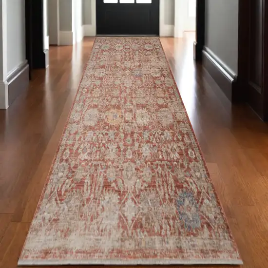 Brick Red And Gray Floral Medallion Runner Rug With Fringe Photo 1