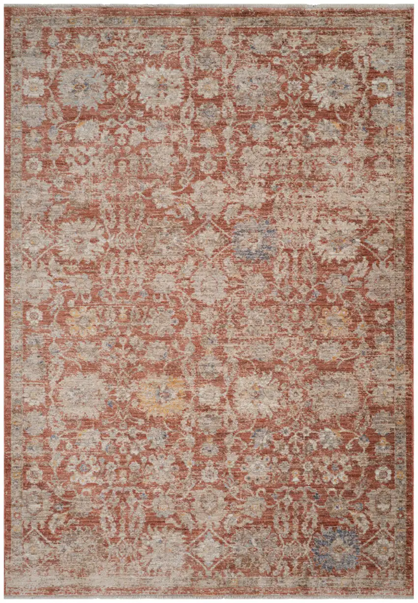 Brick Red And Gray Floral Medallion Runner Rug With Fringe Photo 2