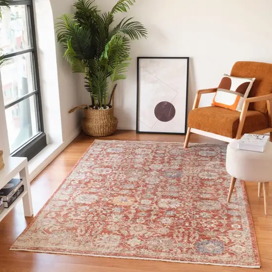 Brick Red And Gray Floral Medallion Runner Rug With Fringe Photo 9