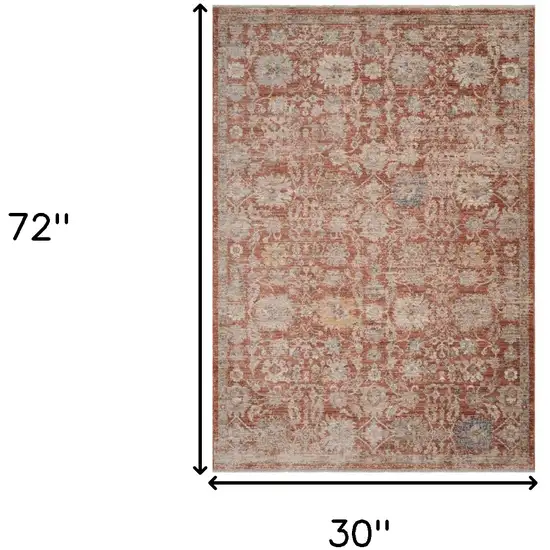 Brick Red And Gray Floral Medallion Runner Rug With Fringe Photo 3