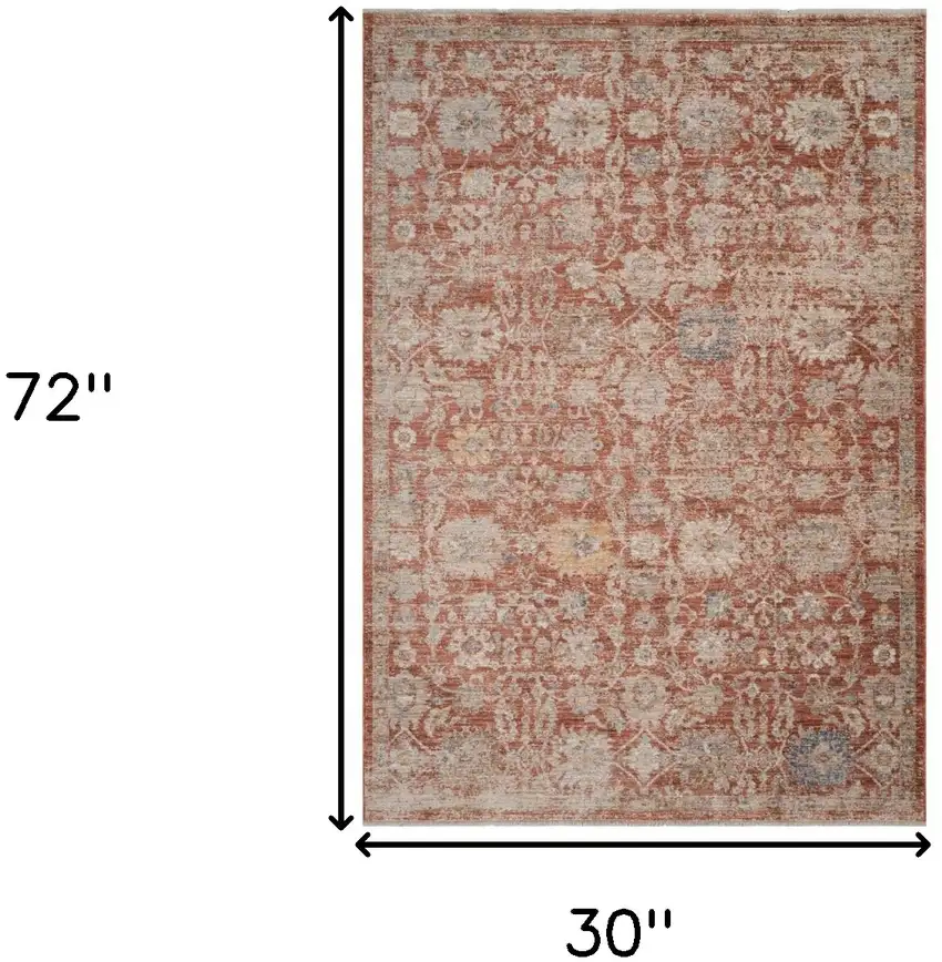 Brick Red And Gray Floral Medallion Runner Rug With Fringe Photo 3