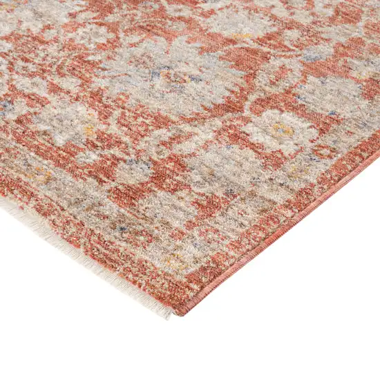 Brick Red And Gray Floral Medallion Runner Rug With Fringe Photo 7