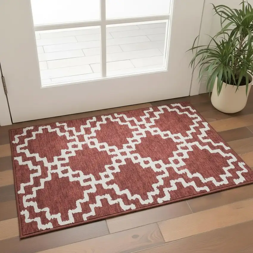 Brick Red And Ivory Abstract Geometric Washable Area Rug With UV Protection Photo 2