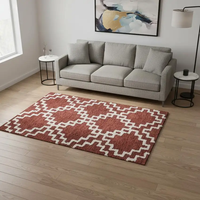 Brick Red And Ivory Abstract Geometric Washable Area Rug With UV Protection Photo 2