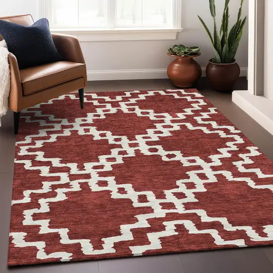 Brick Red And Ivory Abstract Geometric Washable Area Rug With UV Protection Photo 5