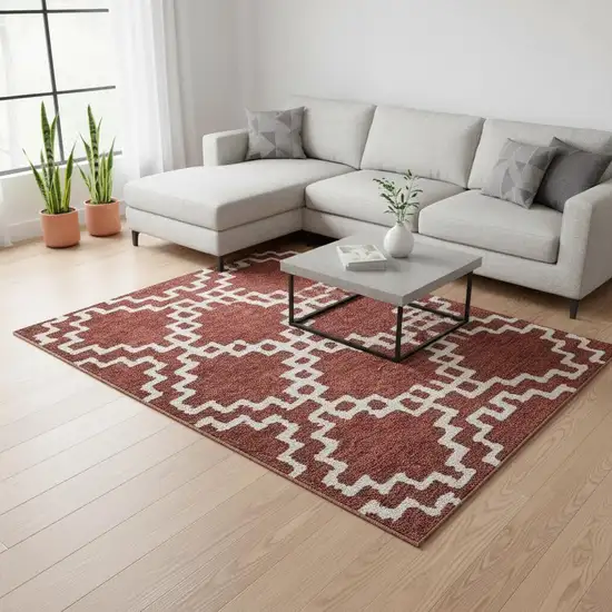 Brick Red And Ivory Abstract Geometric Washable Area Rug With UV Protection Photo 2