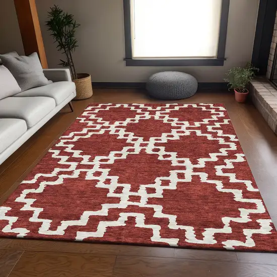Brick Red And Ivory Abstract Geometric Washable Area Rug With UV Protection Photo 6