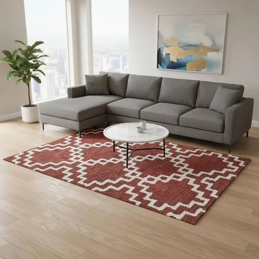 Brick Red And Ivory Abstract Geometric Washable Area Rug With UV Protection Photo 2