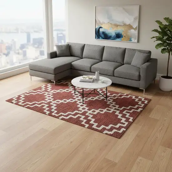 Brick Red And Ivory Abstract Geometric Washable Area Rug With UV Protection Photo 2