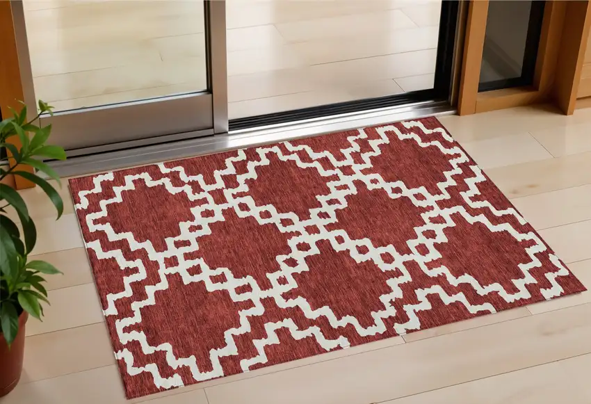 Brick Red And Ivory Geometric Washable Indoor Outdoor Area Rug Photo 1