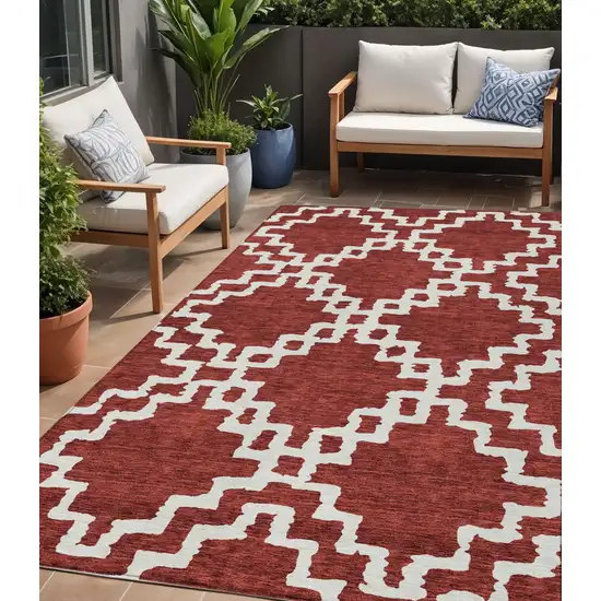 Brick Red And Ivory Geometric Washable Indoor Outdoor Area Rug Photo 1
