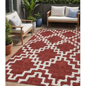 Photo of Brick Red And Ivory Geometric Washable Indoor Outdoor Area Rug