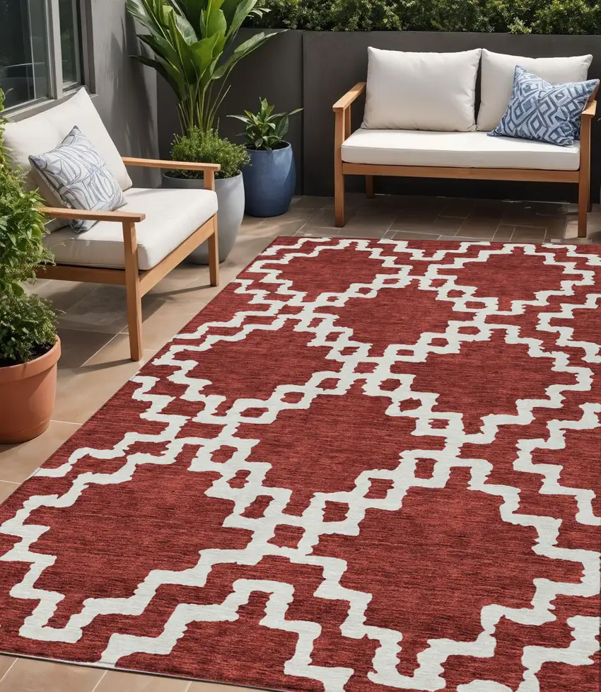 Brick Red And Ivory Geometric Washable Indoor Outdoor Area Rug Photo 1