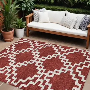 Photo of Brick Red And Ivory Geometric Washable Indoor Outdoor Area Rug
