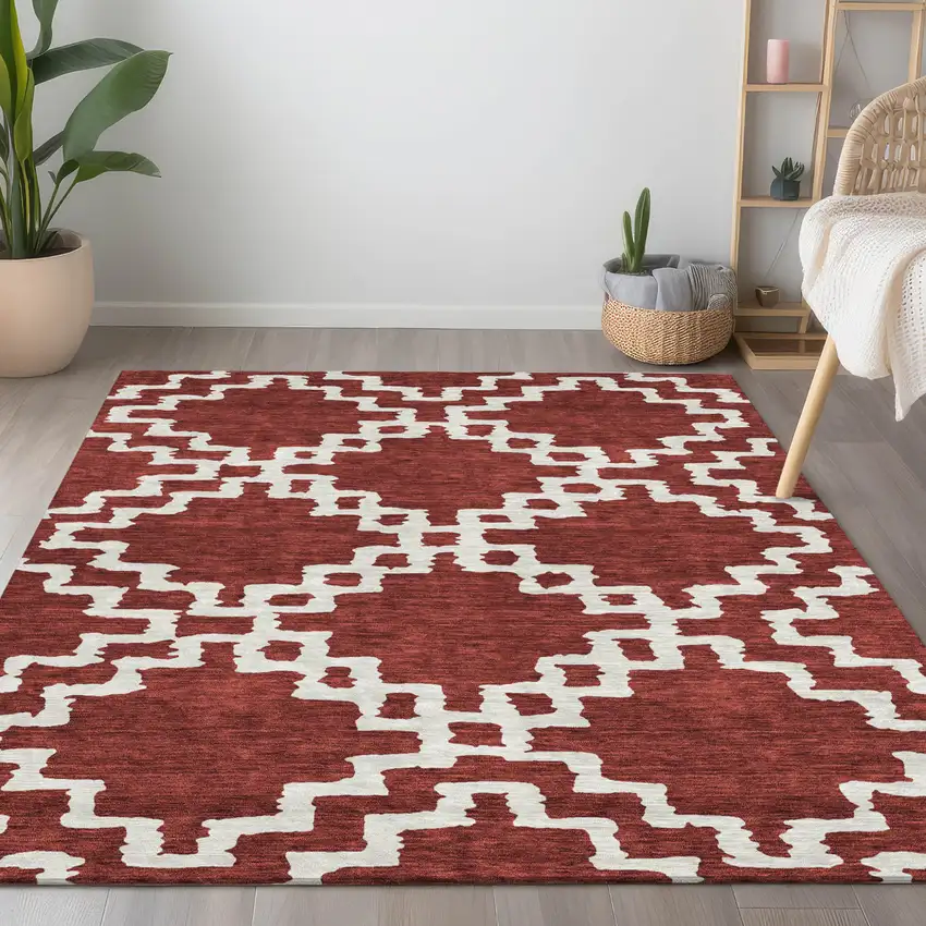 Brick Red And Ivory Geometric Washable Indoor Outdoor Area Rug Photo 9