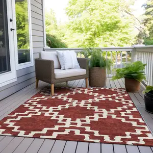 Photo of Brick Red And Ivory Geometric Washable Indoor Outdoor Area Rug