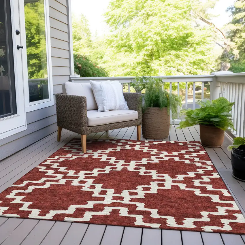 Brick Red And Ivory Geometric Washable Indoor Outdoor Area Rug Photo 9
