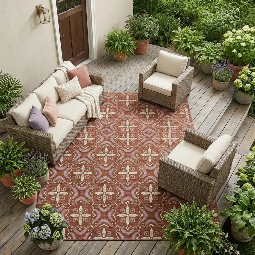 Brick Red And Red Geometric Washable Indoor Outdoor Area Rug Photo 1