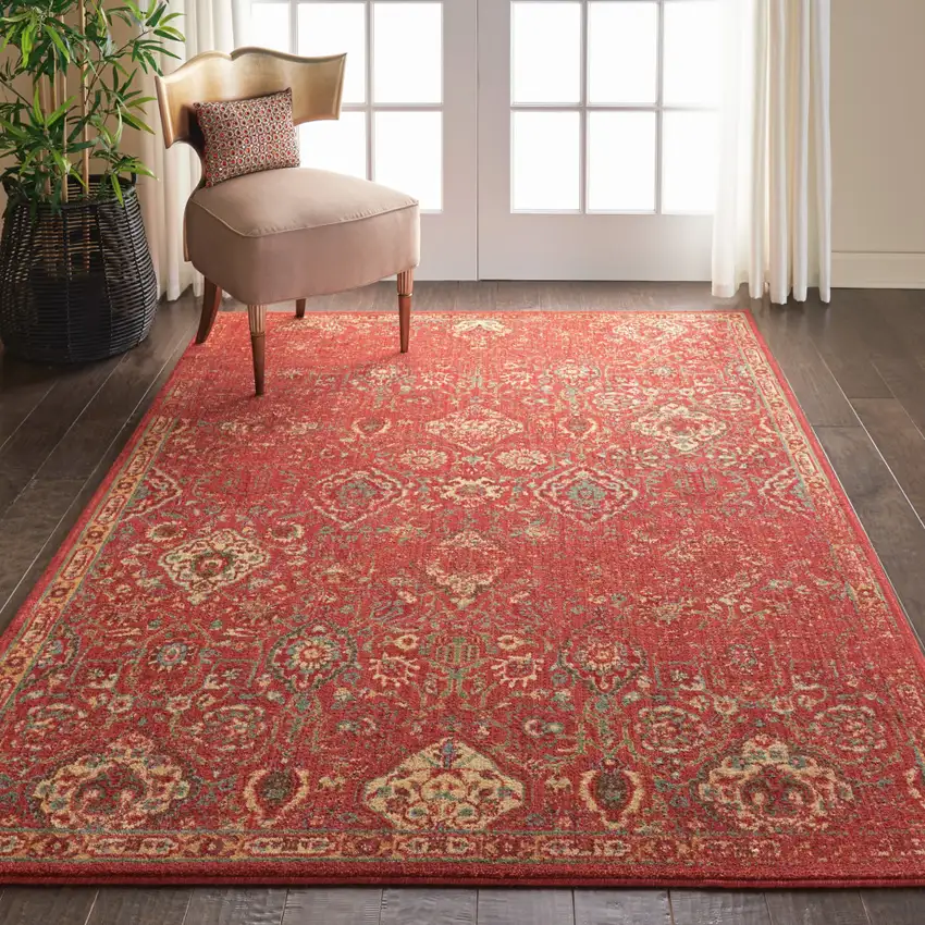 Brick Red And Tan Floral Distressed Non Skid Area Rug Photo 5